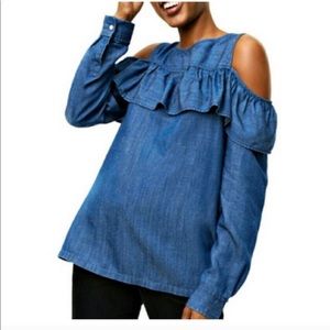 Chambray Ruffle Cold Shoulder Top